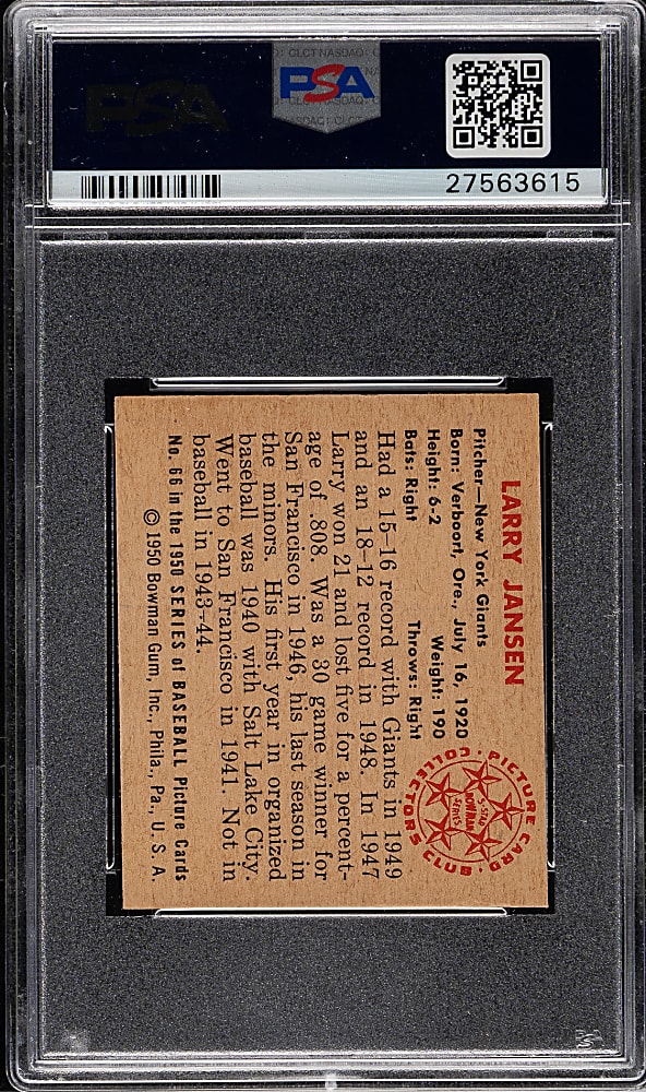 1950 Bowman #66 Larry Jansen PSA NM-MT 8
