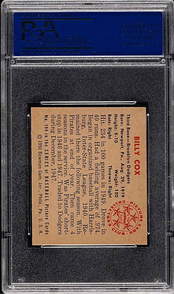 1950 Bowman #194 Billy Cox PSA NM-MT 8