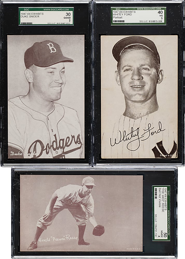 1947-1966 Exhibits Hall of Fame SGC-Graded Trio: Duke Snider, Whitey Ford, and Pee Wee Reese