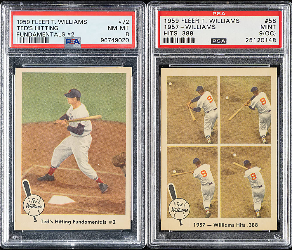 1959 Fleer Ted Williams #58 "1957 - Williams Hits .388" and #72 "Ted's Hitting Fundamentals #2" PSA-Graded Pair