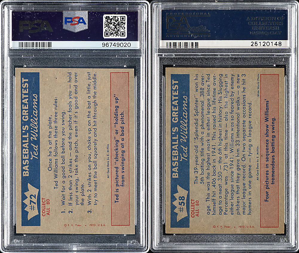 1959 Fleer Ted Williams #58 "1957 - Williams Hits .388" and #72 "Ted's Hitting Fundamentals #2" PSA-Graded Pair