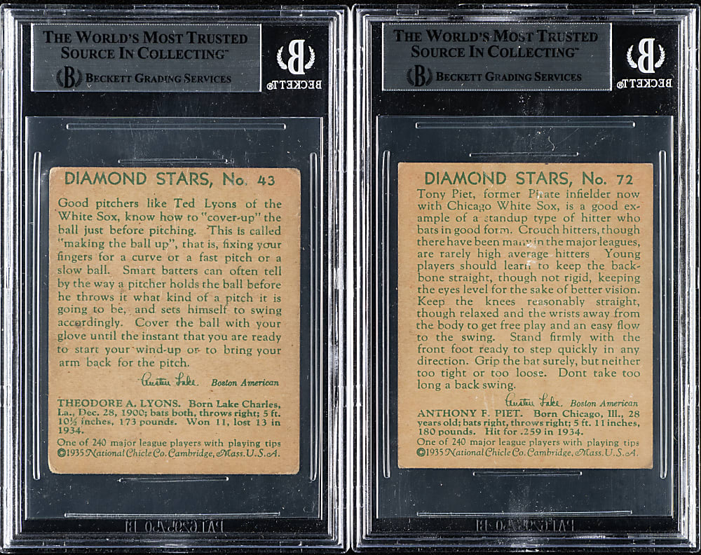 1934-1936 R327 Diamond Stars #43 Ted Lyons and #72 Tony Piet BGS-Graded Pair