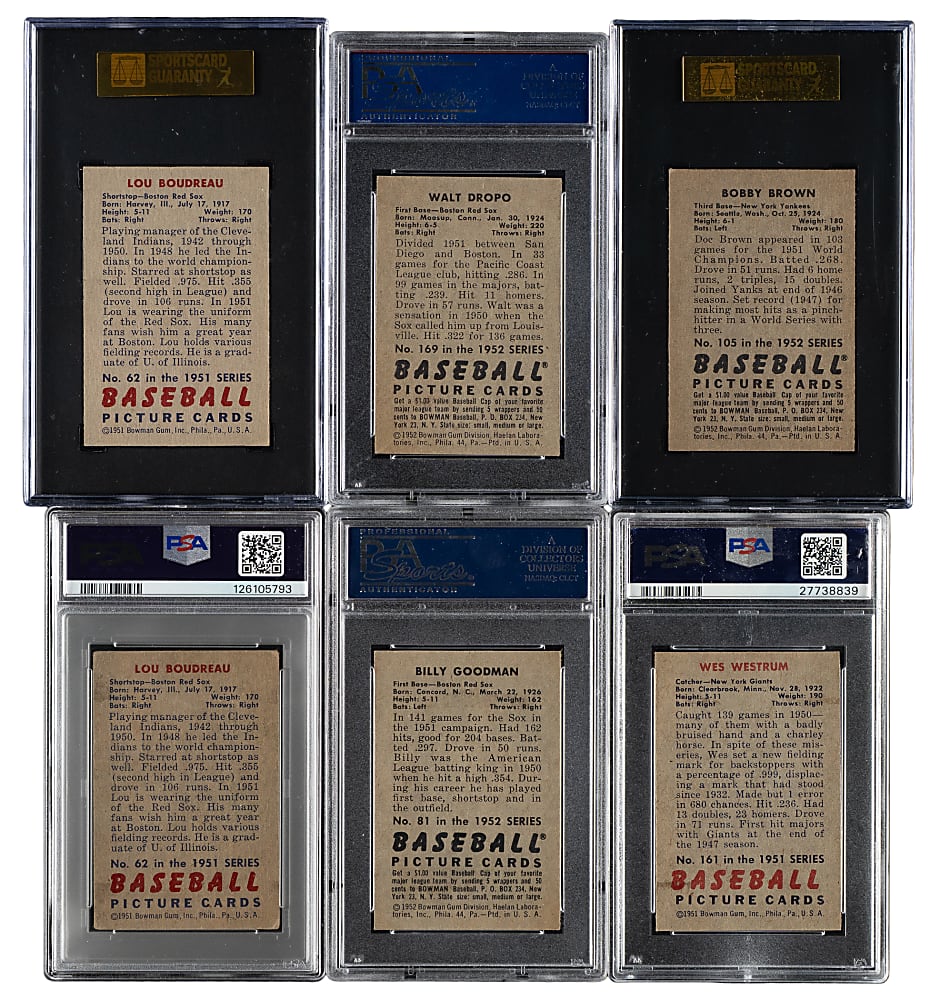 1951 and 1952 Bowman PSA- and SGC-Graded Collection (6) Including Lou Boudreau