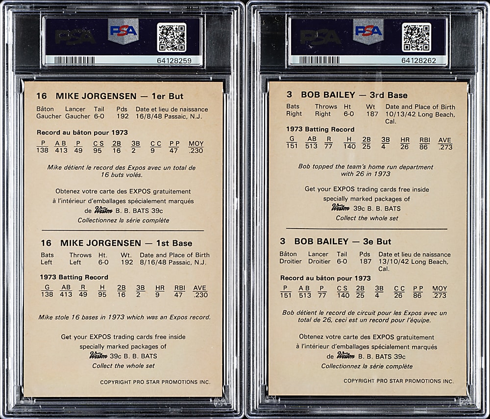 1974 Weston Montreal Expos Bob Bailey and Mike Jorgensen PSA GEM MINT 10 Pair