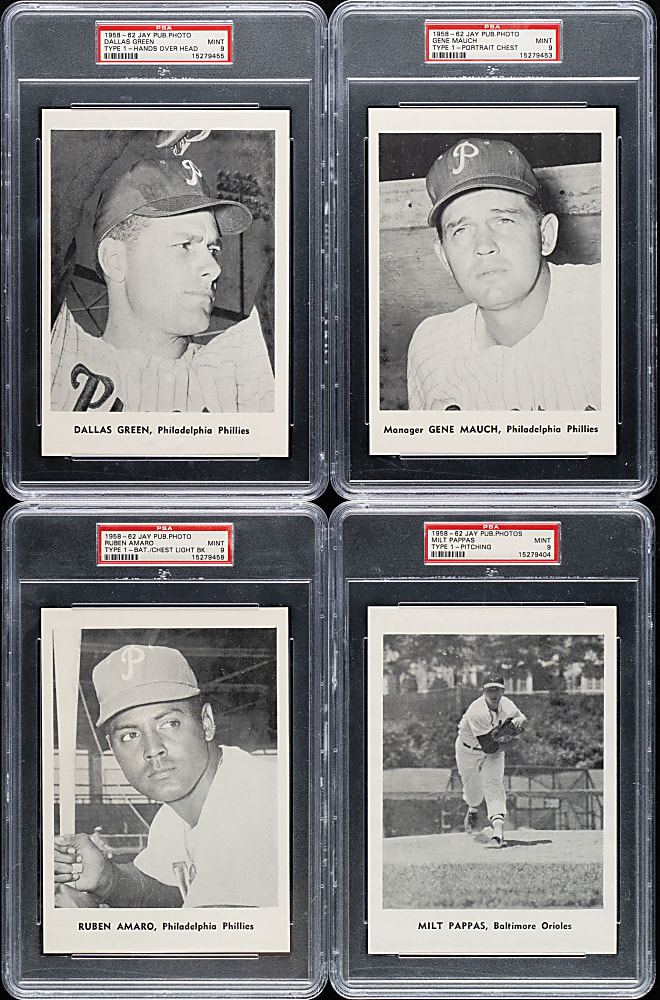 1958-1961 Jay Publishing "Picture Pack" Type 1 PSA MINT 9 Collection (4): Dallas Green, Gene Mauch, Milt Pappas, Ruben Amaro