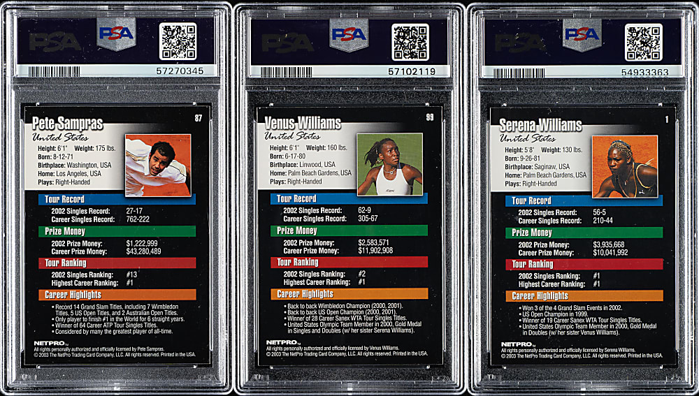 2003 Netpro Tennis PSA-Graded Trio: Serena Williams Rookie, Venus Williams, and Pete Sampras
