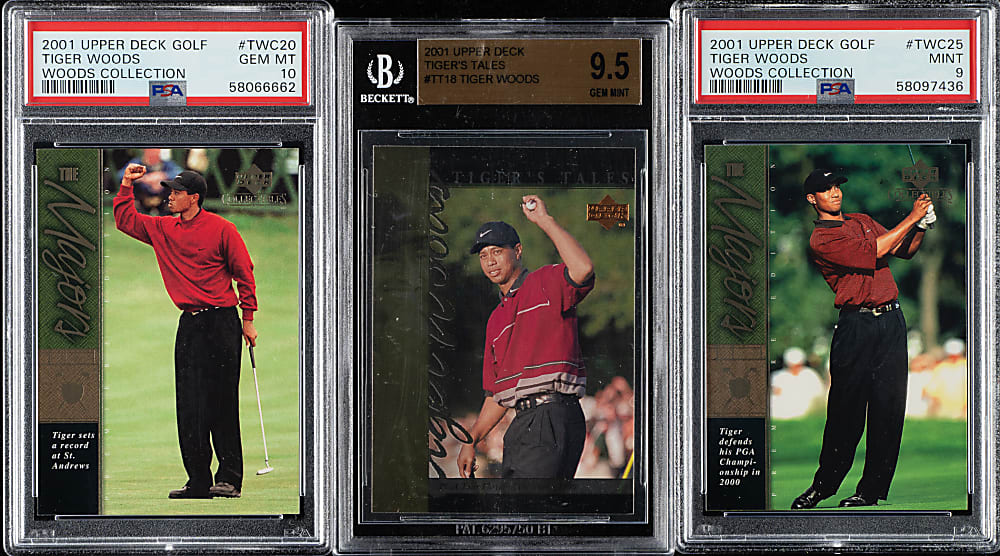 2001 Upper Deck Tiger's Tales and Tiger Woods Collection Rookie PSA- and BGS-Graded Trio