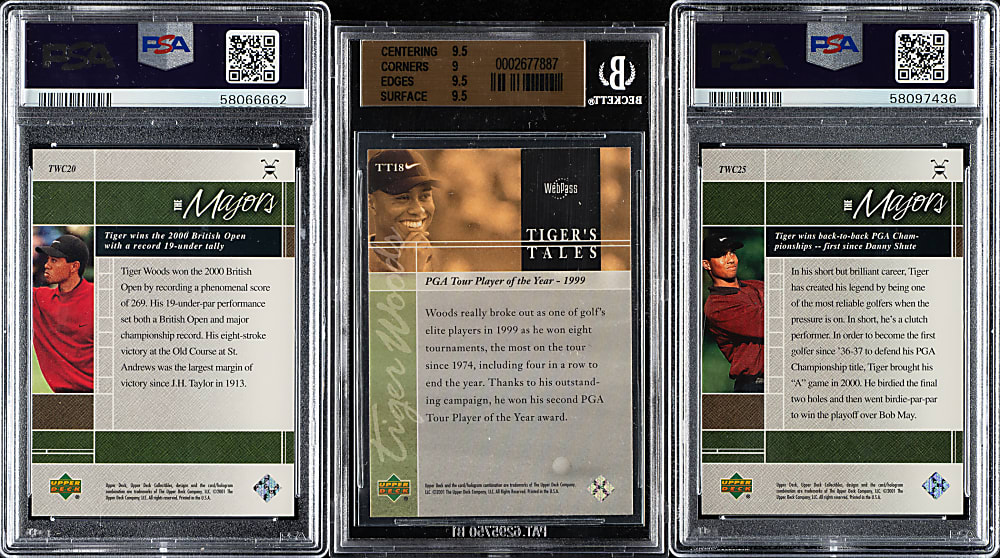 2001 Upper Deck Tiger's Tales and Tiger Woods Collection Rookie PSA- and BGS-Graded Trio