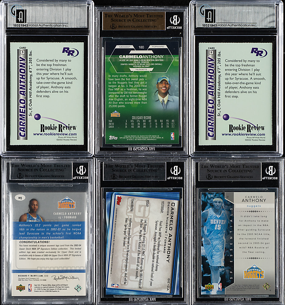 2002 to 2004 Topps and Upper Deck Basketball Carmelo Anthony BGS- and GAI-Graded Collection (6)