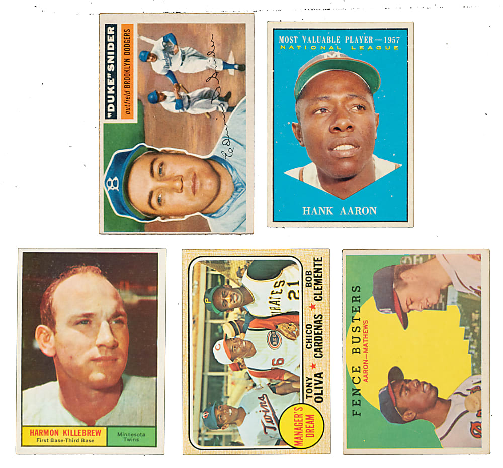 1956 to 1968 Topps Hall of Fame Collection (5) Including Hank Aaron, Duke Snider, and Roberto Clemente
