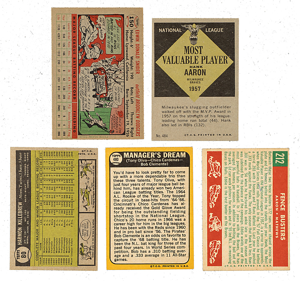 1956 to 1968 Topps Hall of Fame Collection (5) Including Hank Aaron, Duke Snider, and Roberto Clemente