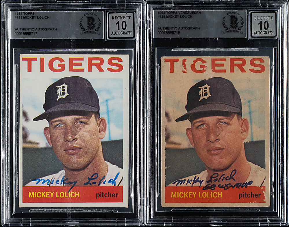 Signed 1964 Topps and Topps Venezuelan #128 Mickey Lolich Pair - Beckett