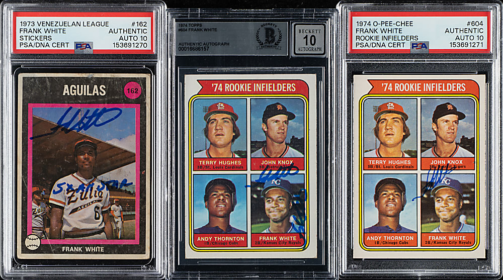 Signed 1973 and 1974 Topps, O-Pee-Chee, and Venezuelan League Frank White Trio - PSA/DNA and Beckett