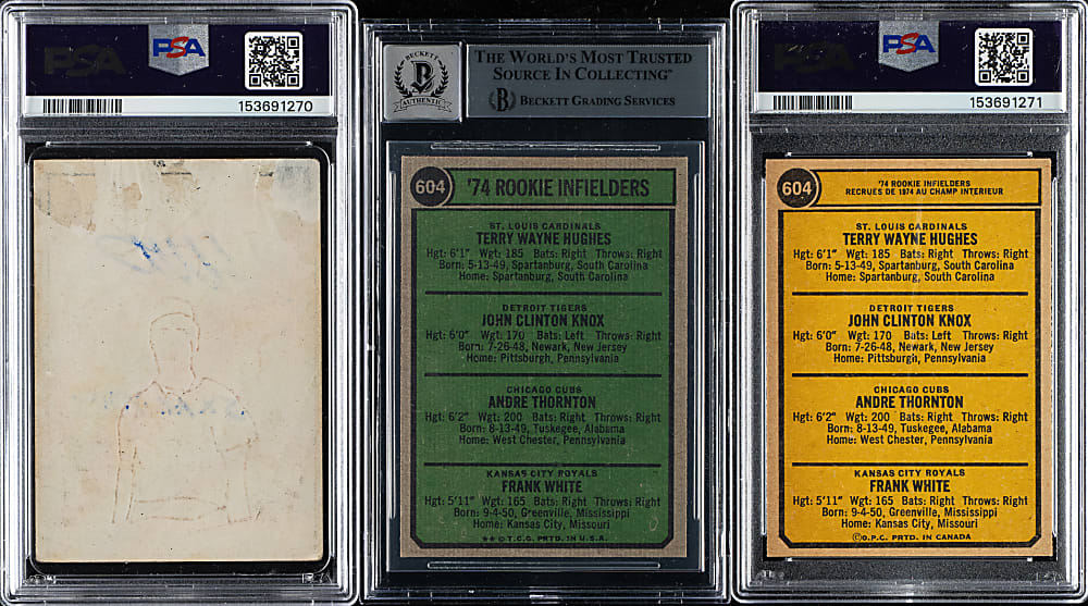 Signed 1973 and 1974 Topps, O-Pee-Chee, and Venezuelan League Frank White Trio - PSA/DNA and Beckett