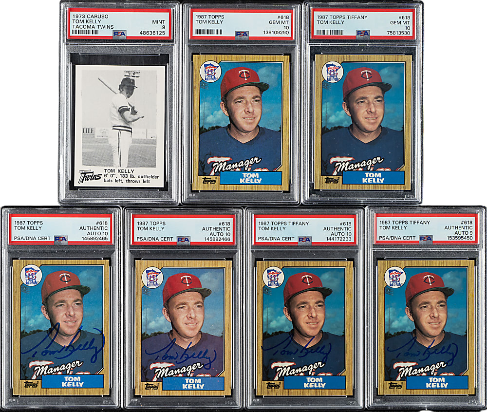 1973 and 1987 Topps and Caruso Tom Kelly PSA-Graded Collection (7) Including Four Signed Cards