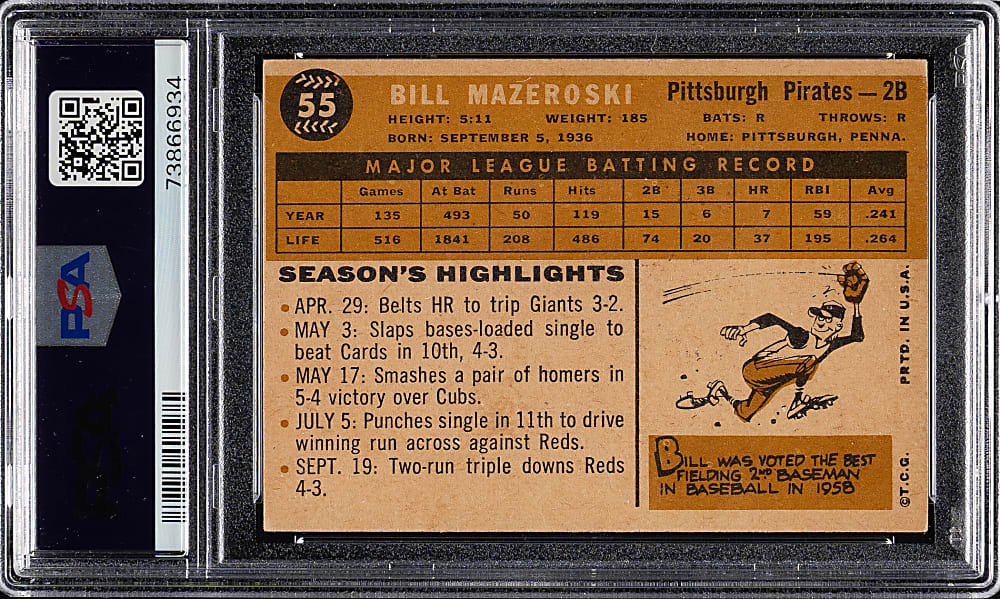 Signed 1960 Topps #55 Bill Mazeroski PSA/DNA GEM MINT 10