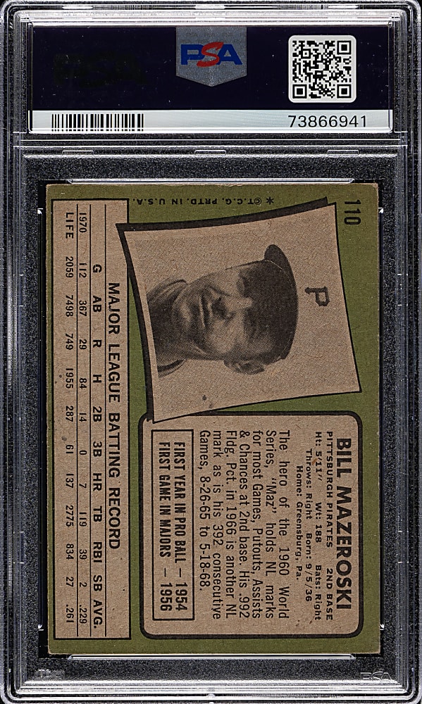 Signed 1971 Topps #110 Bill Mazeroski PSA/DNA GEM MINT 10