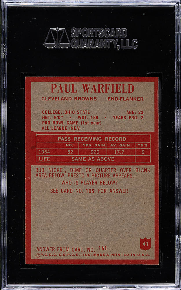 1965 Philadelphia Football #41 Paul Warfield Rookie SGC NM/MT+ 92