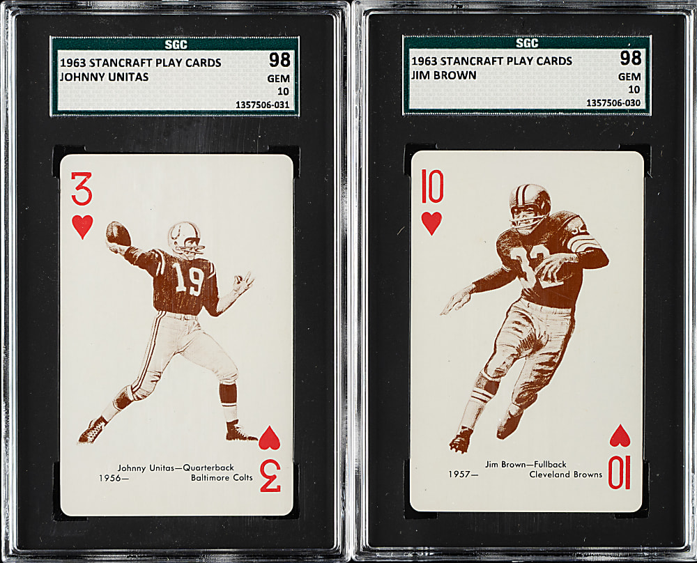 1963 Stancraft Football Play Cards Johnny Unitas and Jim Brown SGC GEM 98 Pair