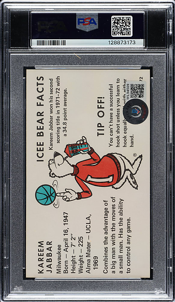 Signed 1972-1973 Icee Bear Basketball Kareem Abdul-Jabbar PSA NM 7 with GEM MINT 10 Signature