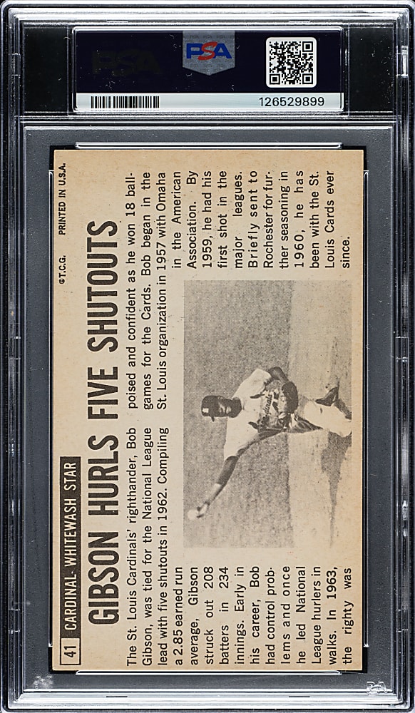 Signed 1964 Topps Giants #41 Bob Gibson PSA/DNA GEM MINT 10