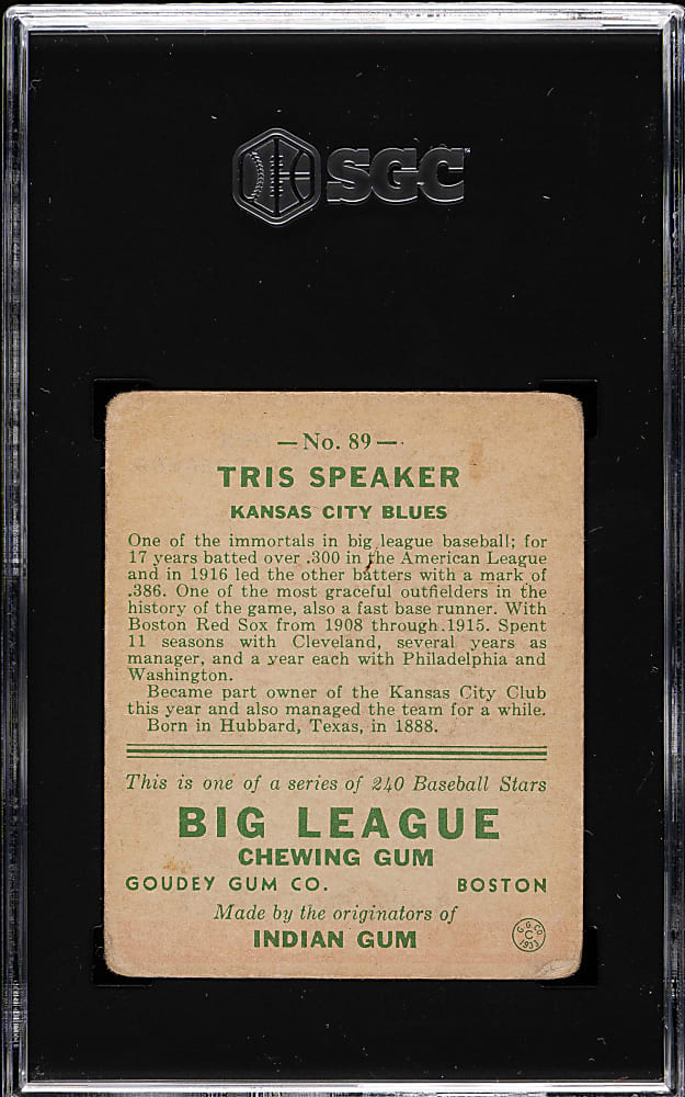 1933 R319 Goudey #89 Tris Speaker SGC GOOD+ 2.5