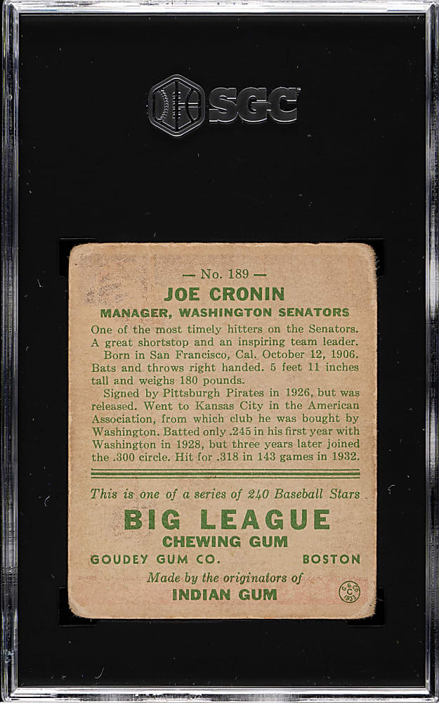 1933 R319 Goudey #189 Joe Cronin SGC GOOD 2