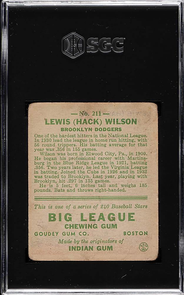 1933 R319 Goudey #211 Hack Wilson SGC FAIR 1.5