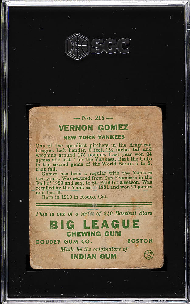 1933 R319 Goudey #216 Vernon "Lefty" Gomez SGC FAIR 1.5