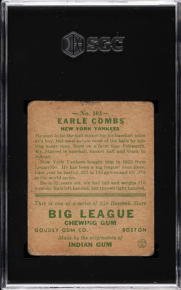 1933 R319 Goudey #103 Earle Combs SGC FAIR 1.5