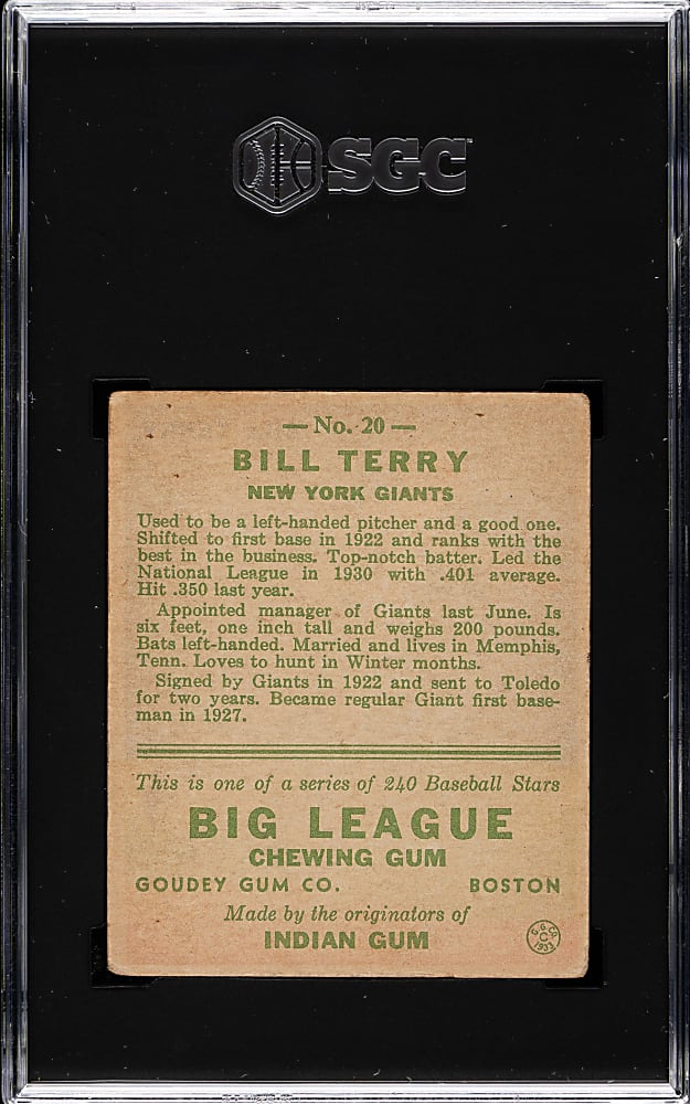 1933 R319 Goudey #20 Bill Terry SGC FAIR 1.5