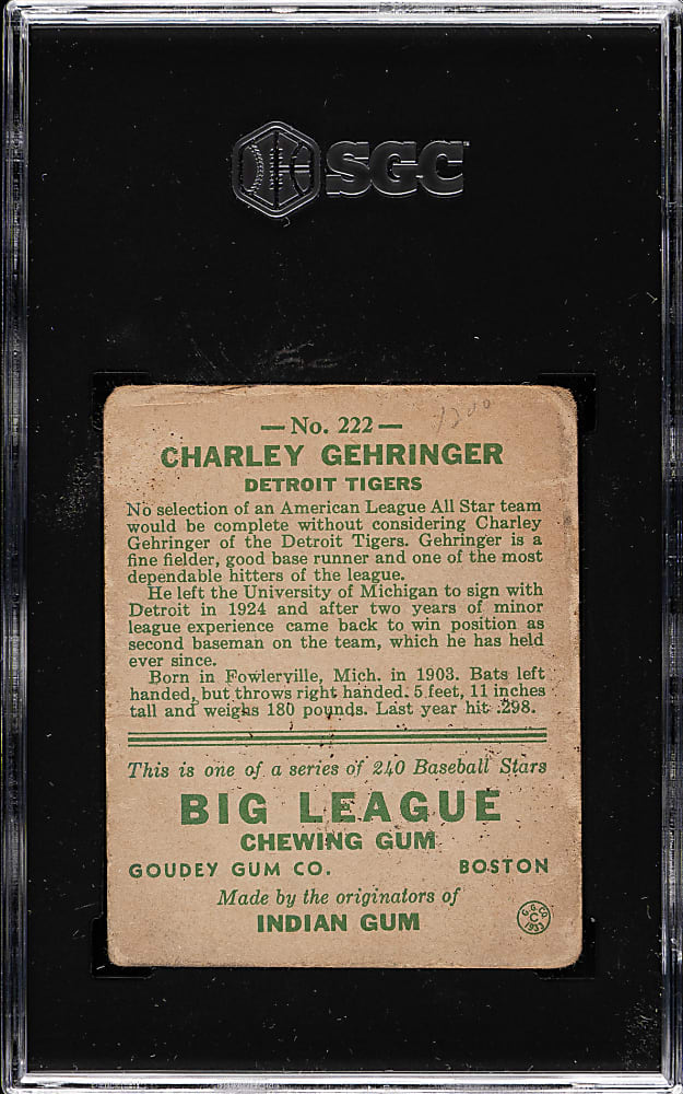 1933 R319 Goudey #222 Charley Gehringer SGC POOR 1