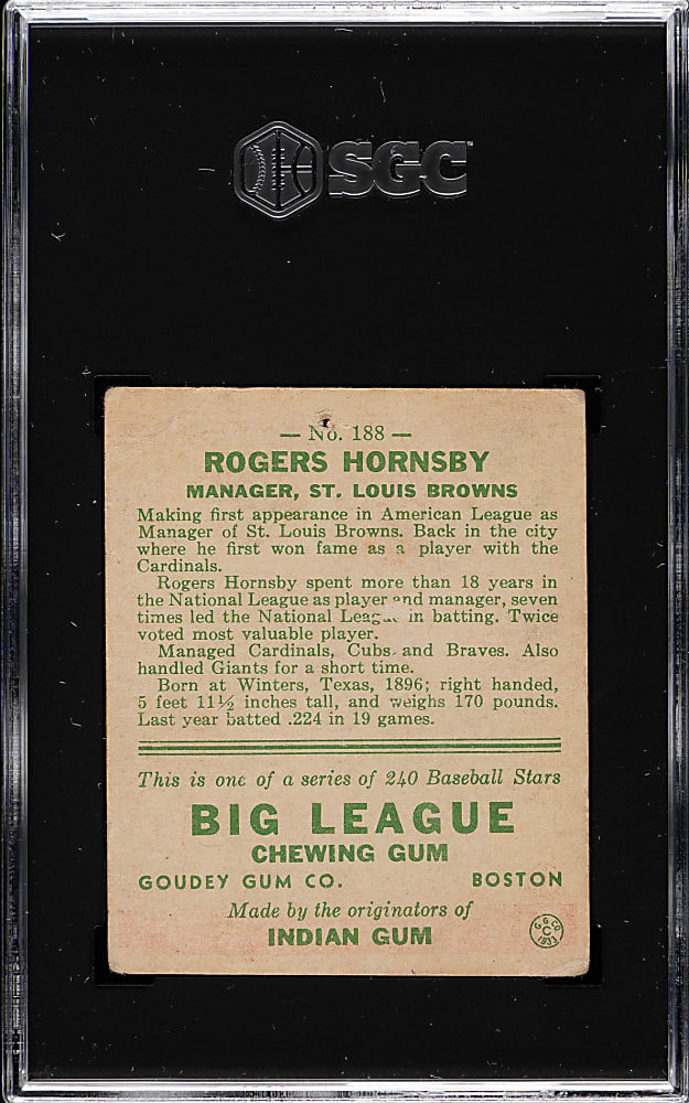 1933 R319 Goudey #188 Rogers Hornsby SGC POOR 1