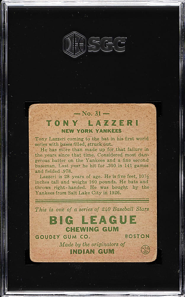 1933 R319 Goudey #31 Tony Lazzeri SGC POOR 1