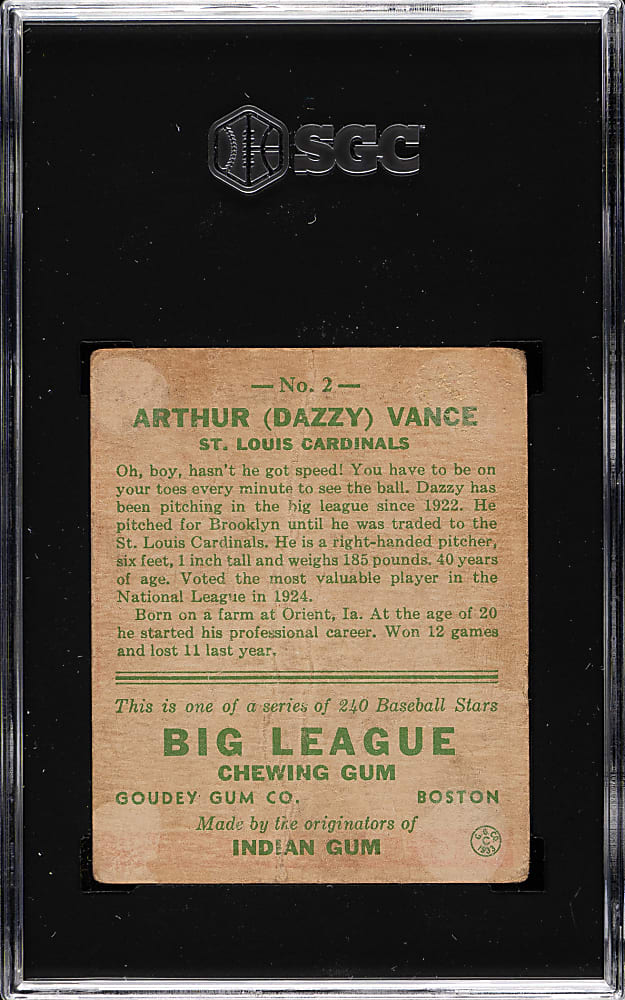 1933 R319 Goudey #2 Dazzy Vance SGC POOR 1