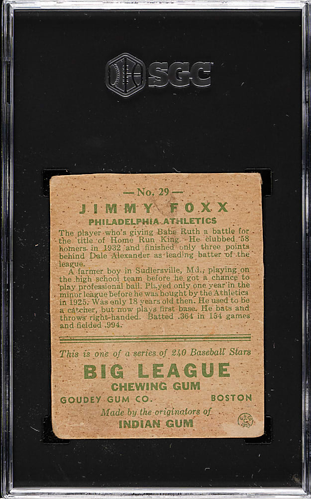 1933 R319 Goudey #29 Jimmy Foxx SGC Authentic