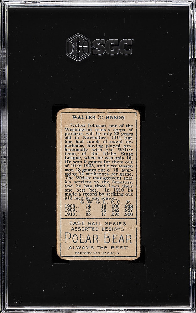 1911 T205 Gold Border Walter Johnson SGC POOR 1 - Polar Bear Back