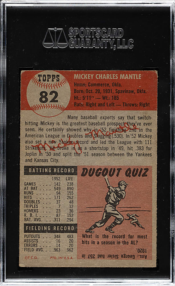 1953 Topps #82 Mickey Mantle SGC VG 3
