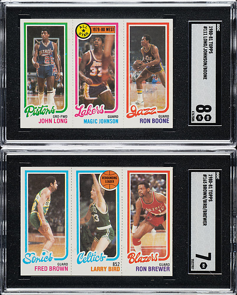 1980-1981 Topps Basketball Rebounding Leader Larry Bird/Brown/Brewer and Magic Johnson All-Star/Long/Boone SGC-Graded Pair