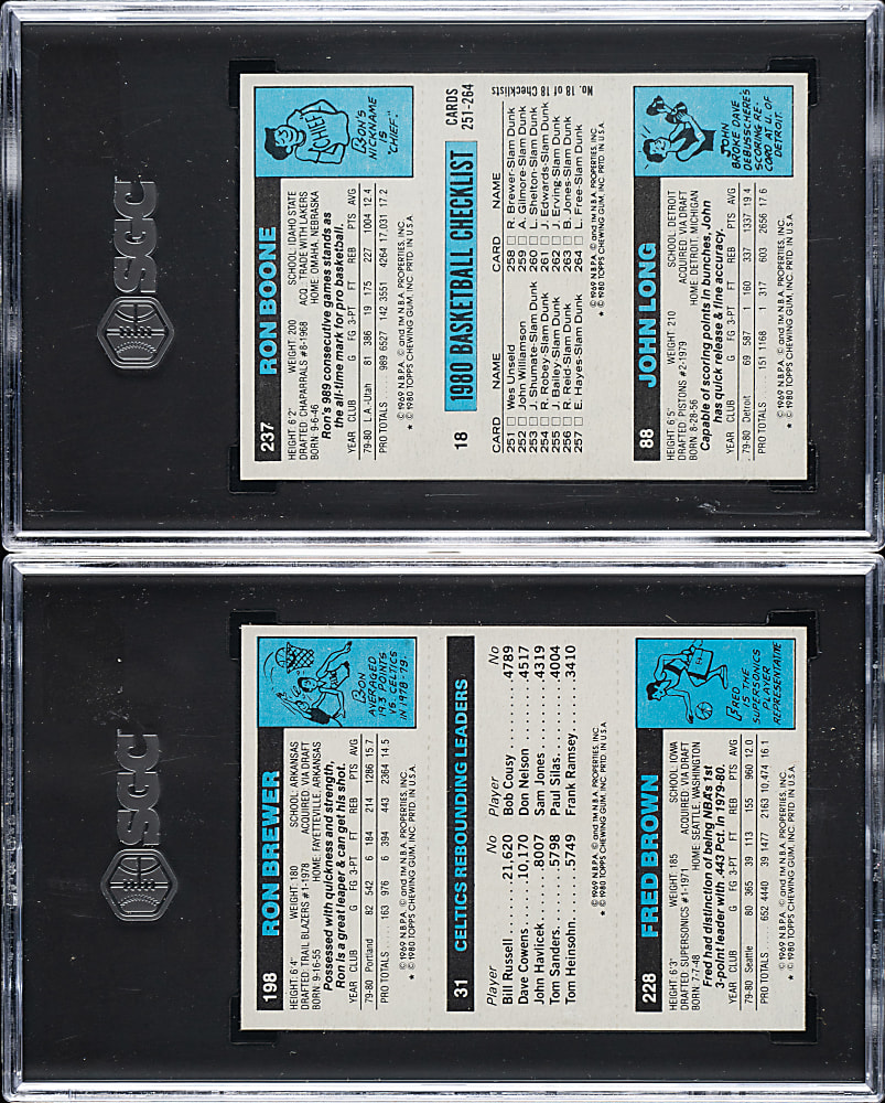1980-1981 Topps Basketball Rebounding Leader Larry Bird/Brown/Brewer and Magic Johnson All-Star/Long/Boone SGC-Graded Pair