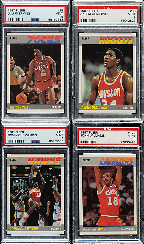 1987-1988 Fleer Basketball PSA MINT 9 Collection (4): Julius Erving, Akeen Olajuwon, Dominique Wilkins, and John Williams