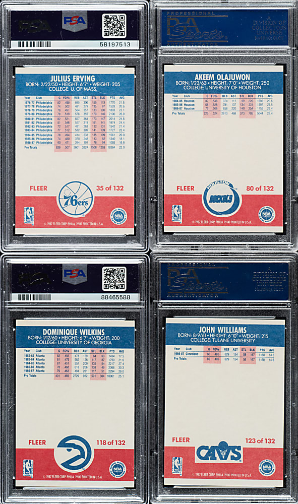 1987-1988 Fleer Basketball PSA MINT 9 Collection (4): Julius Erving, Akeen Olajuwon, Dominique Wilkins, and John Williams