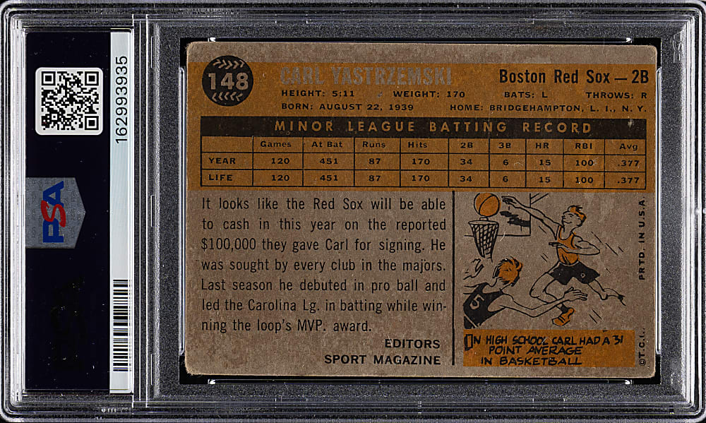 Signed 1960 Topps #148 Carl Yastrzemski Rookie PSA GOOD 2 with GEM MINT 10 Signature