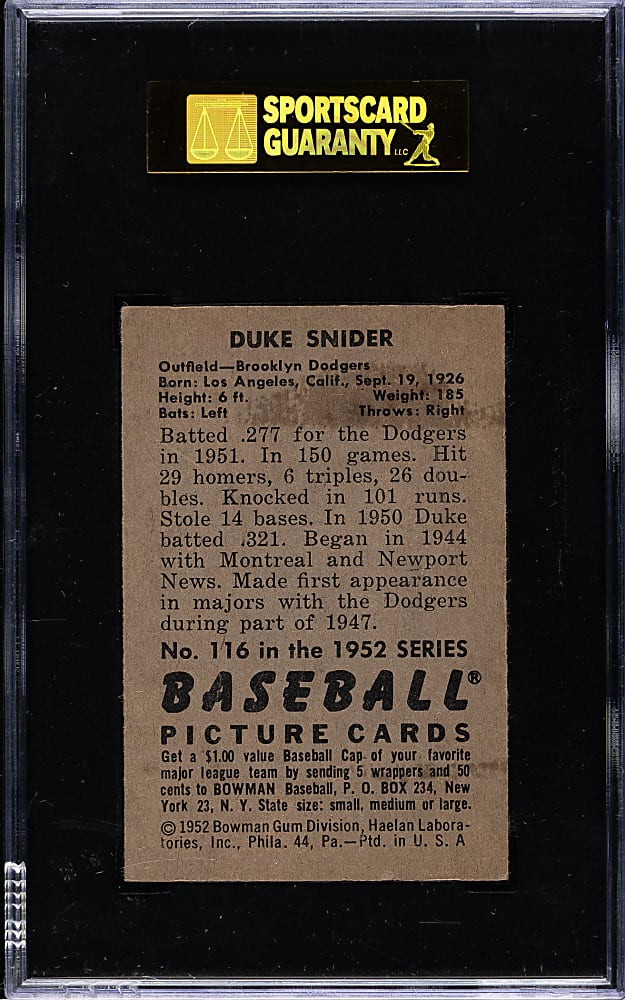 1952 Bowman #116 Duke Snider SGC EX+ 70