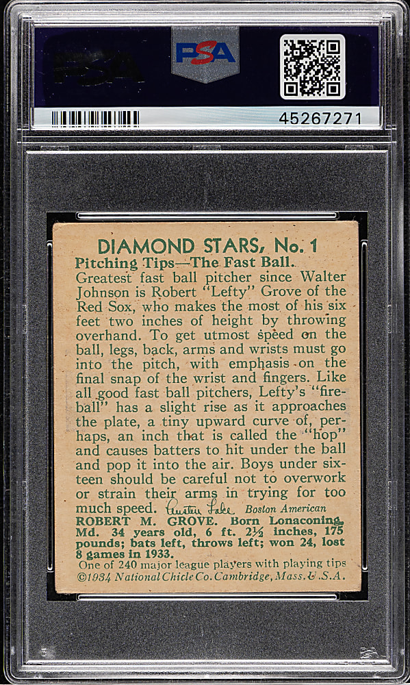 1934-1936 R327 Diamond Stars #1 Lefty Grove (1934 Green Back) PSA VG+ 3.5