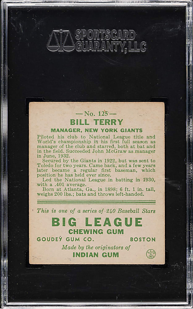 1933 R319 Goudey #125 Bill Terry SGC EX 60