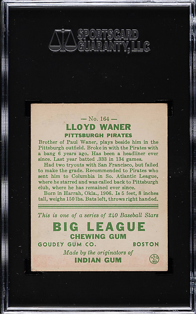 1933 R319 Goudey #164 Lloyd Waner SGC VG/EX 4