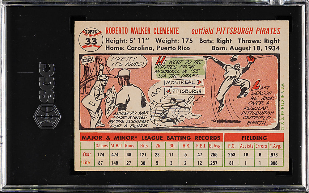 1956 Topps #33 Roberto Clemente White Back SGC EX/NM 6