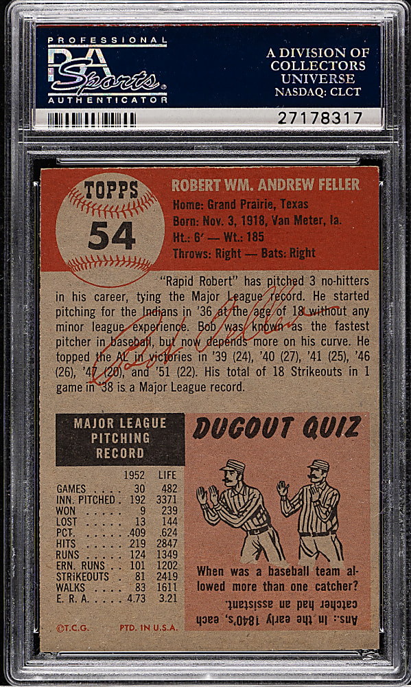 1953 Topps #54 Bob Feller PSA NM 7