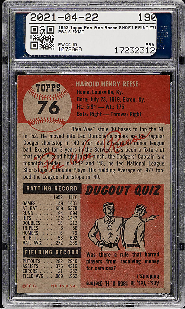 1953 Topps #76 Pee Wee Reese PSA EX-MT 6